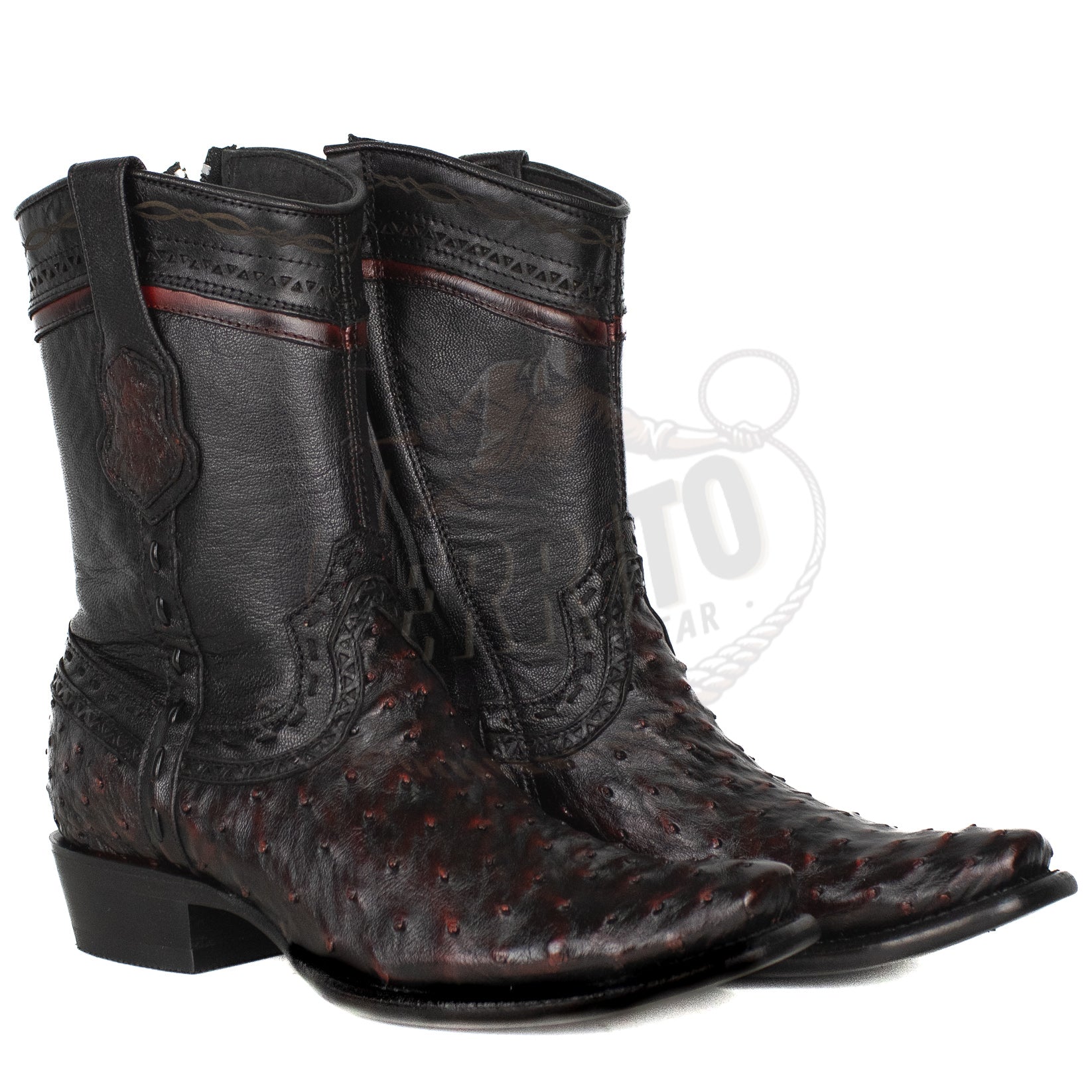 Wild West Men Black Cherry 79B0318 Ostrich Dubai Toe Short Boot