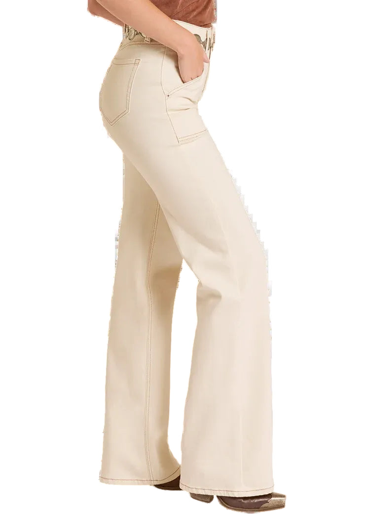 Rock & Roll Women High Rise Cream Carpenter Pocket Wide Leg Jeans BW6HD09099