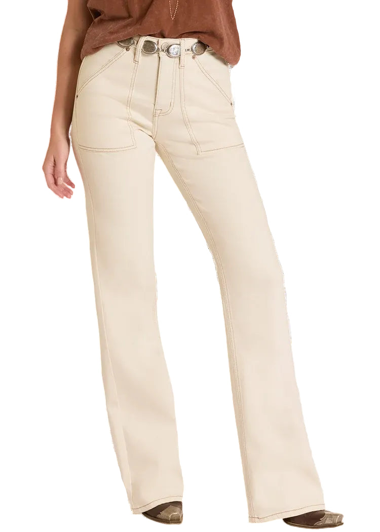 Rock & Roll Women High Rise Cream Carpenter Pocket Wide Leg Jeans BW6HD09099
