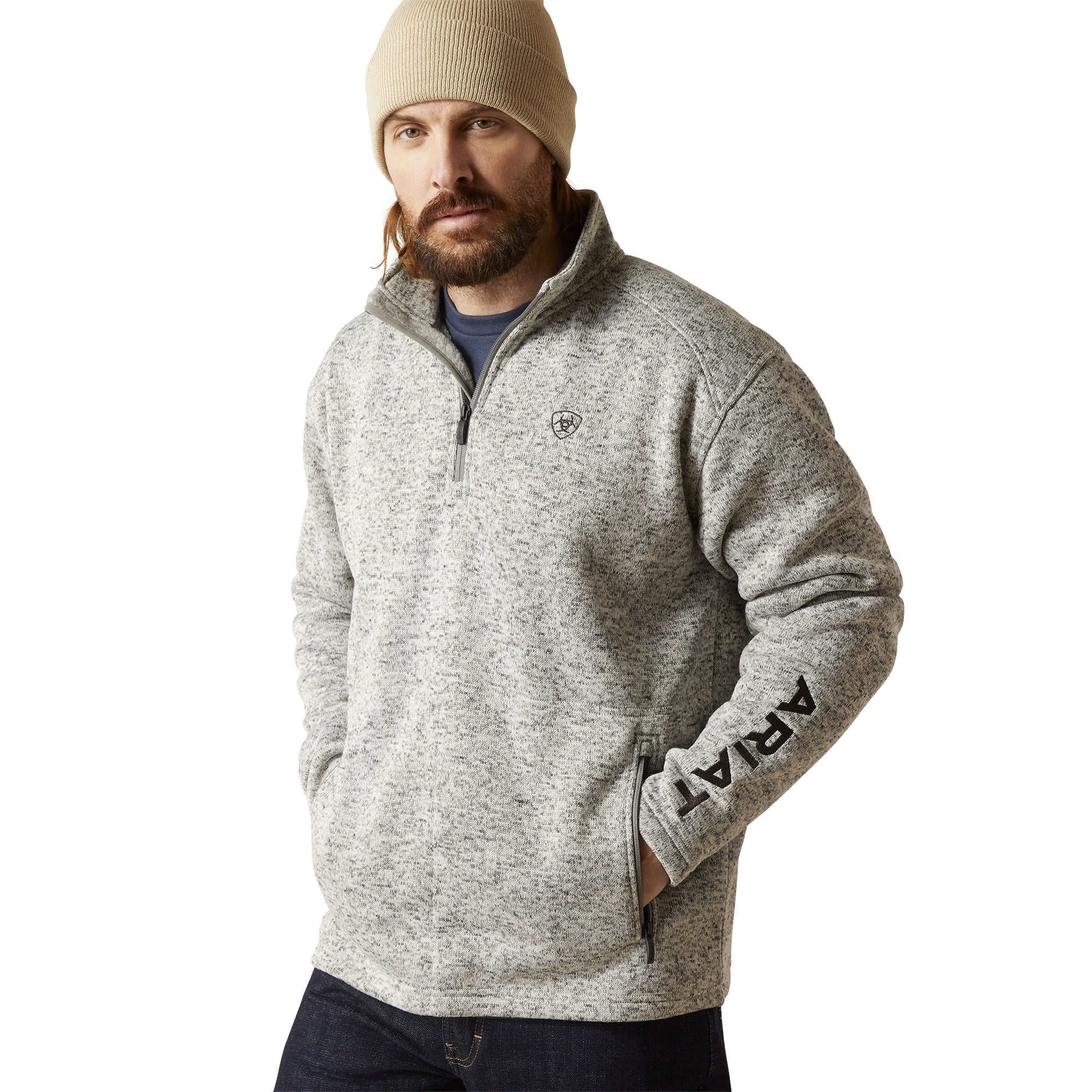 Ariat Men Caldwell Logo 1/4 Zip Sandy Grey 10046490 Sweater