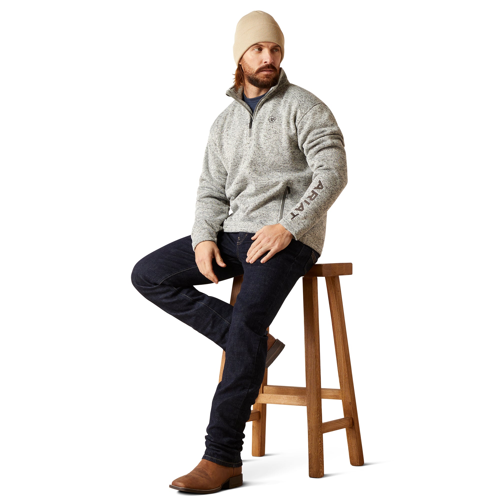 Ariat Men Caldwell Logo 1/4 Zip Sandy Grey 10046490 Sweater
