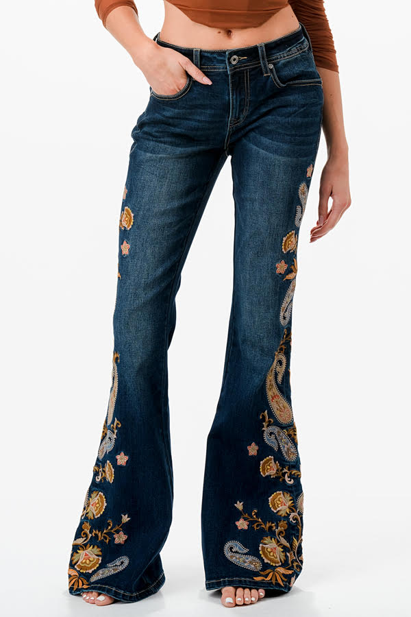 Grace Dark Wash with Floral Paisley Embroidery Easy Fit Flare Leg Jeans