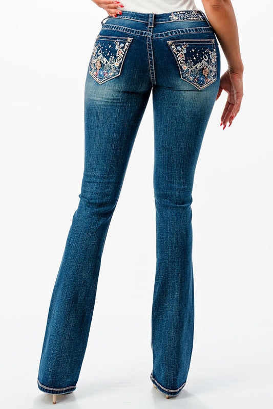 Grace Mountain View Embroidery Mid Rise Bootcut Jeans