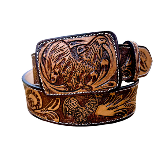 Cerrito Tan Rooster Hand Tooled Belt  1.75''