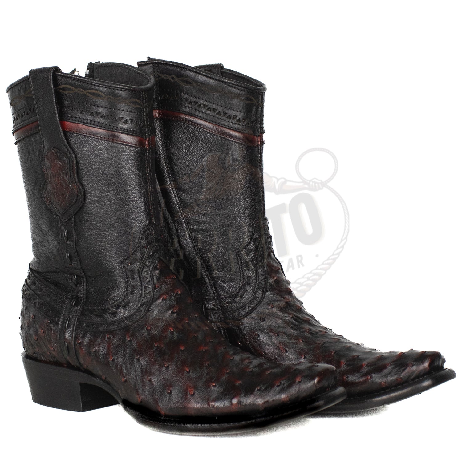Wild West Men Black Cherry 79B0318 Ostrich Dubai Toe Short Boot