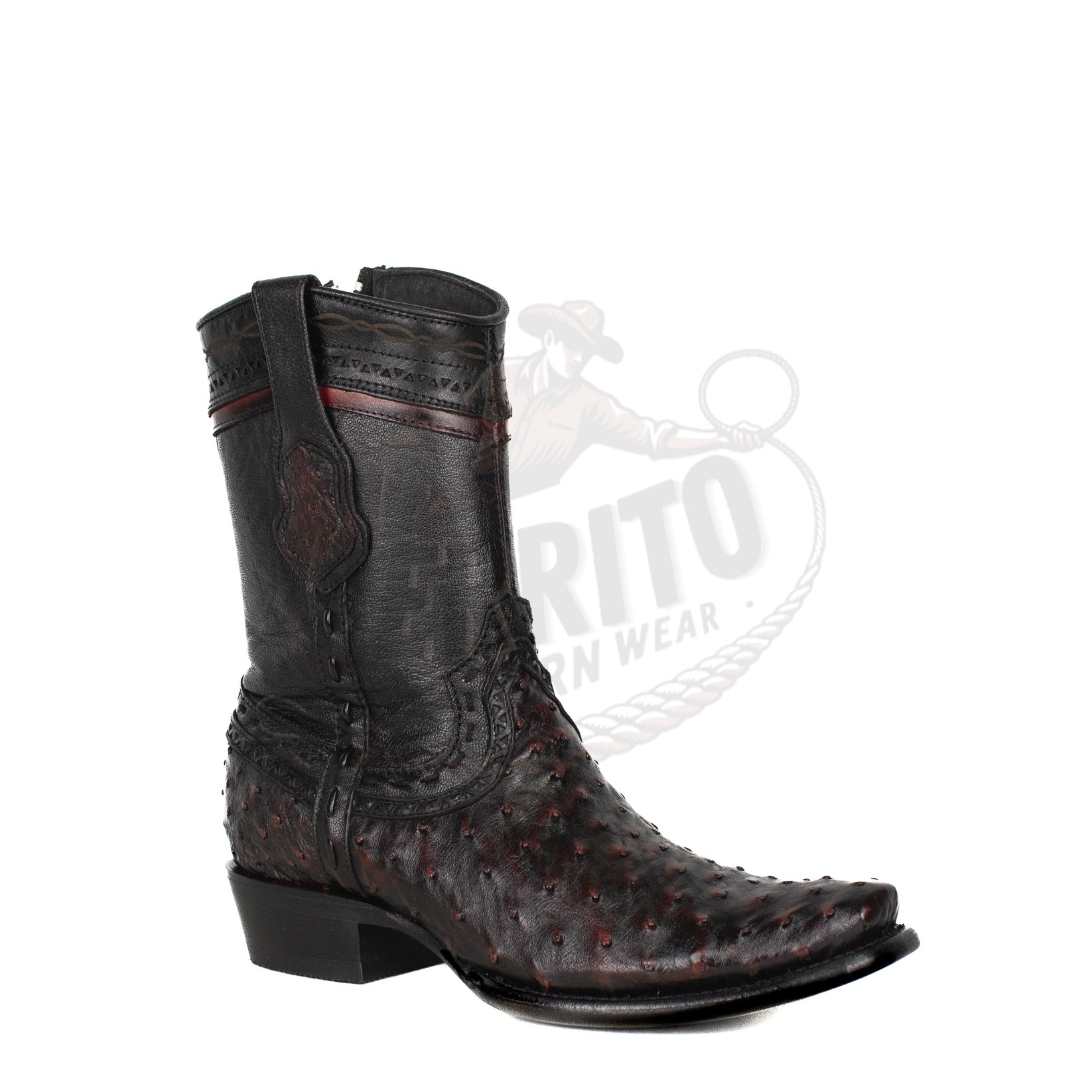 Wild West Men Black Cherry 79B0318 Ostrich Dubai Toe Short Boot