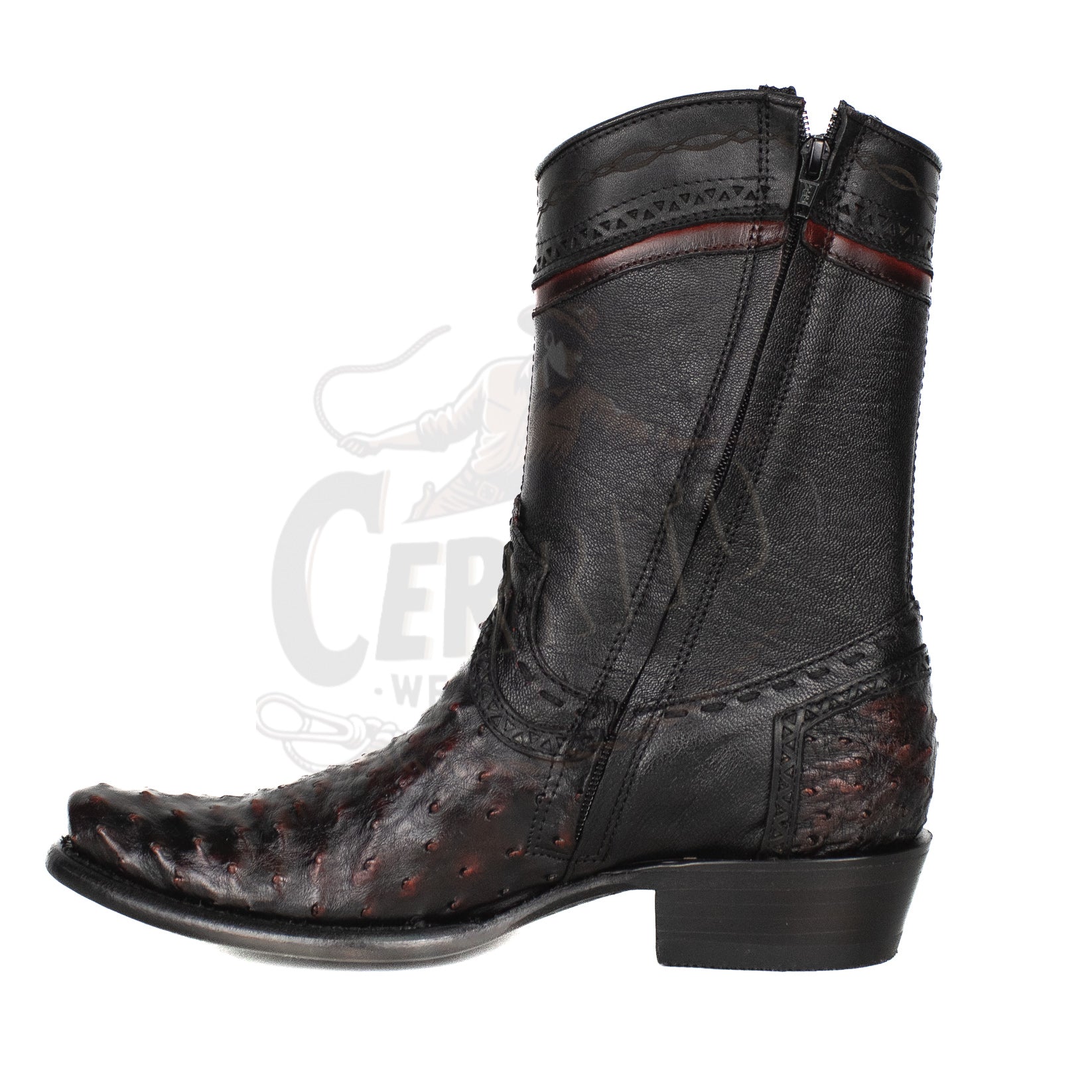 Wild West Men Black Cherry 79B0318 Ostrich Dubai Toe Short Boot