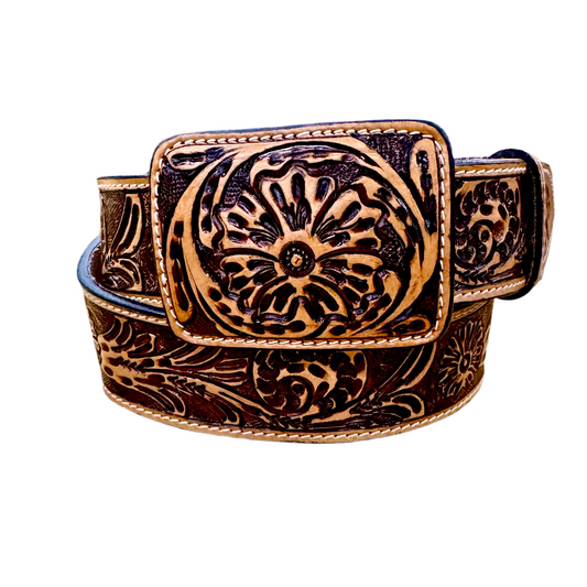 Cerrito Natural Flower Hand Tooled Belt