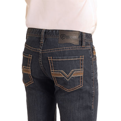 Rock &amp; Roll Men Slim Fit Dark Pleather Pocket Straight Leg Jeans BM1RD06140