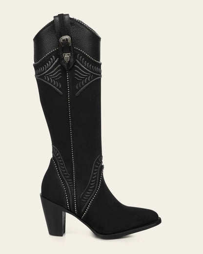 Cuadra Women Embroidery Suede Knee High Boot 3F82RS Black