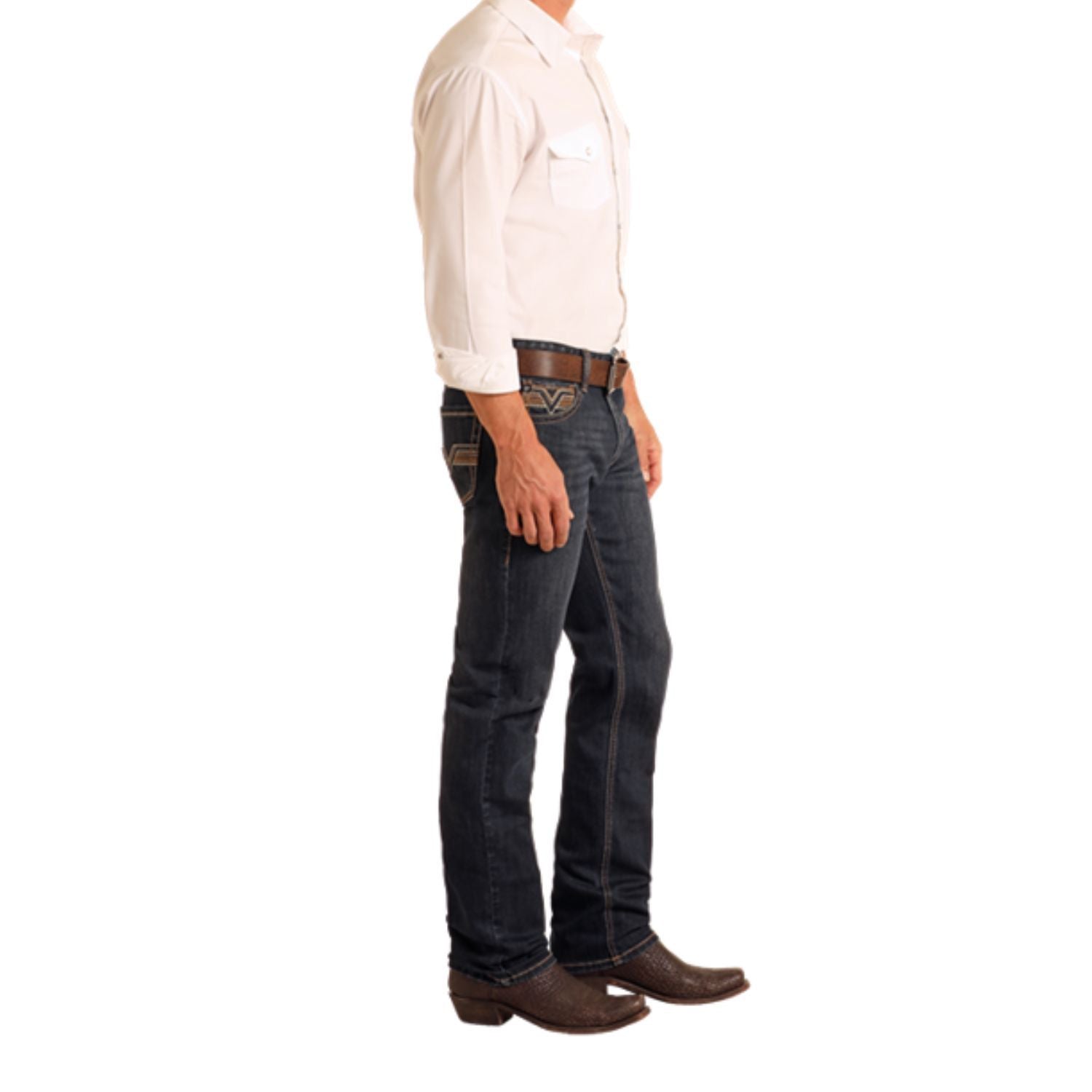 Rock &amp; Roll Men Slim Fit Dark Pleather Pocket Straight Leg Jeans BM1RD06140