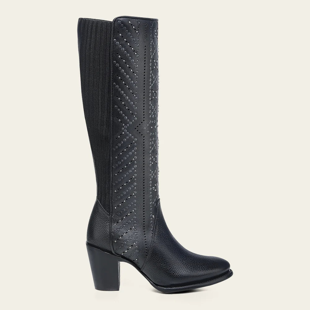 Cuadra Women Crystals and Laser-Cut Cowhide Knee-High Boot 4V24RS Black
