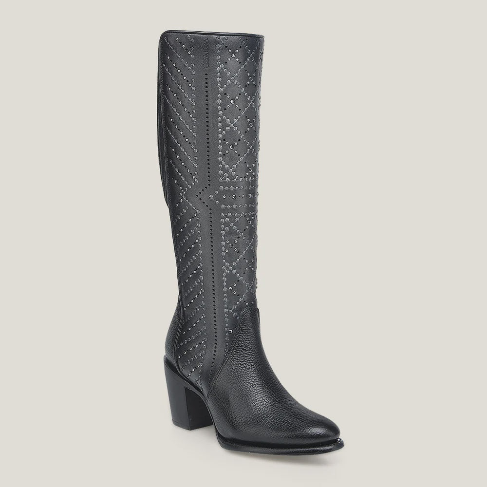 Cuadra Women Crystals and Laser-Cut Cowhide Knee-High Boot 4V24RS Black