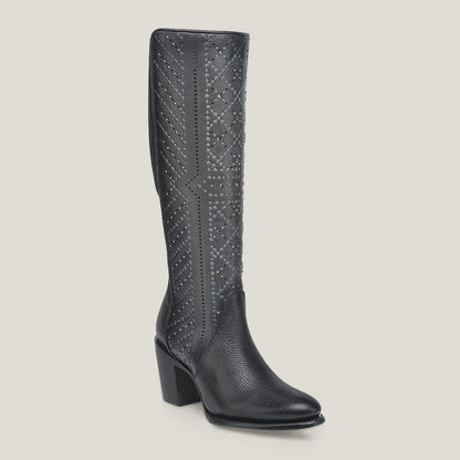 Cuadra Women Crystals and Laser-Cut Cowhide Knee-High Boot 4V24RS Black