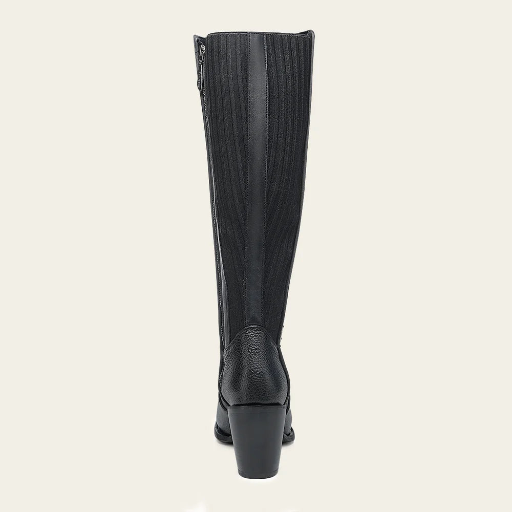 Cuadra Women Crystals and Laser-Cut Cowhide Knee-High Boot 4V24RS Black
