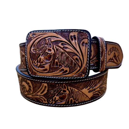 Cerrito Tan Horse Hand Tooled Belt