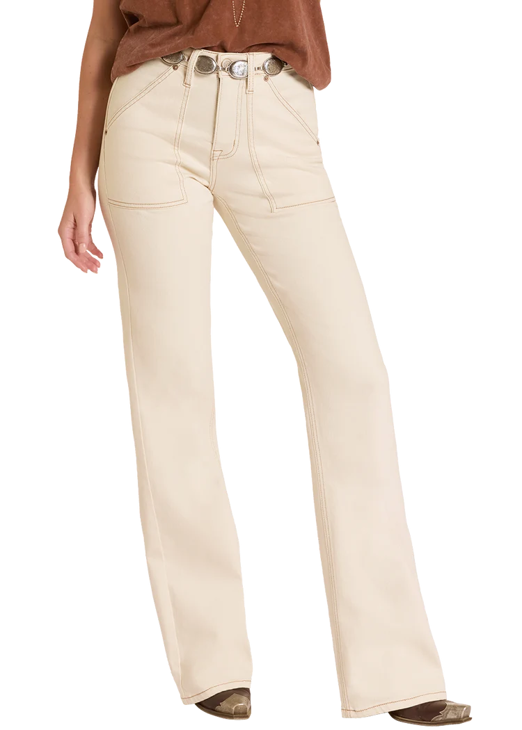 Rock &amp; Roll Women High Rise Cream Carpenter Pocket Wide Leg Jeans BW6HD09099