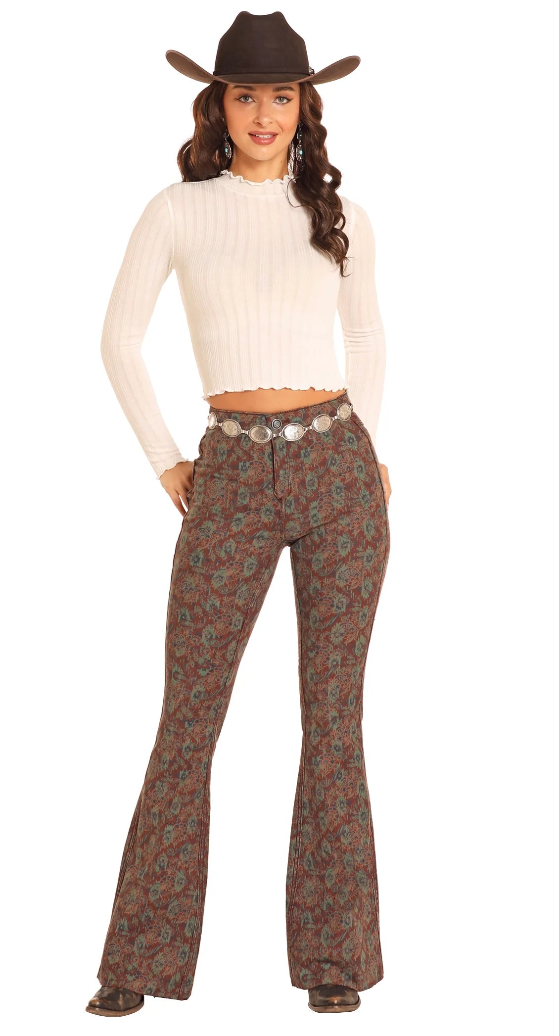 Rock &amp; Roll Women Reversible Aztec Button Flare Pant Brown Jeans BW6PD04745