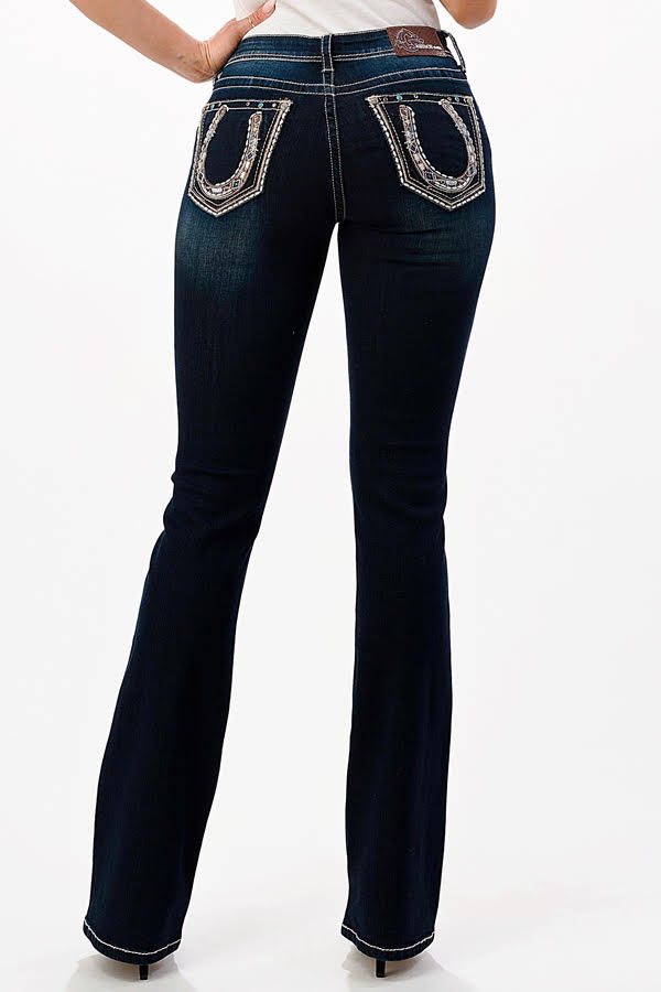Grace Horse Shoe Leather Detail Mid Rise Bootcut Jeans