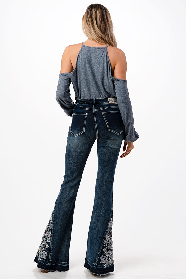 Grace Embroidery Side Hem Detail Mid Rise Flare Jeans | EL-61666