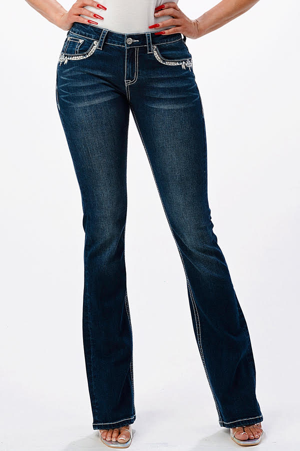 Grace Dark Wash Mid Rise Sequin Embroide Slim Bootcut Jeans