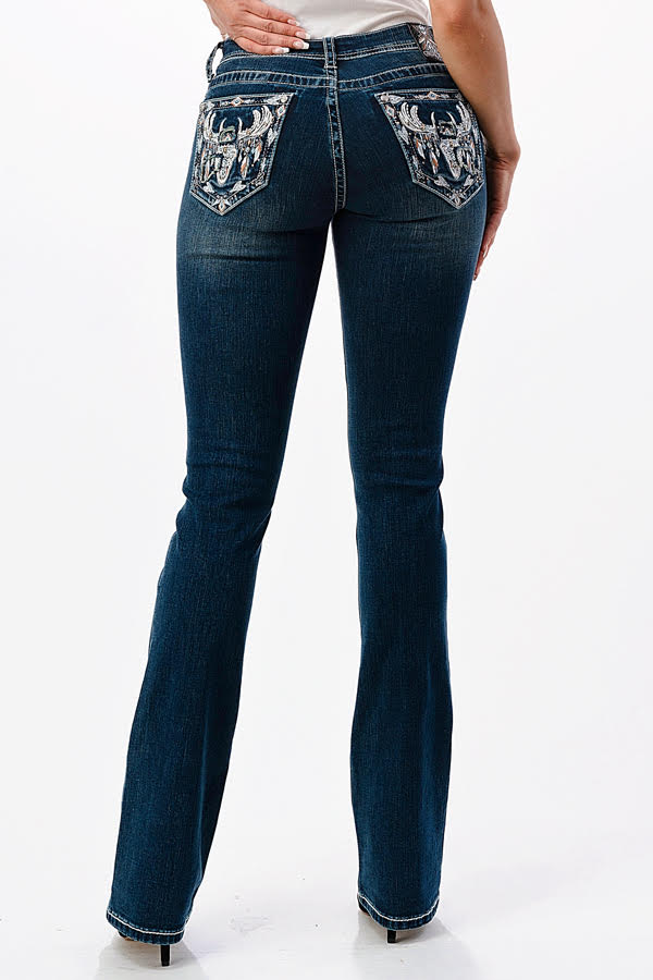 Grace Steer Head Embroidery Mid Rise Bootcut Jeans