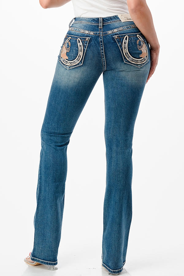 Grace Horse Shoe With Boot Hats Embroidery Mid Rise Bootcut Jeans