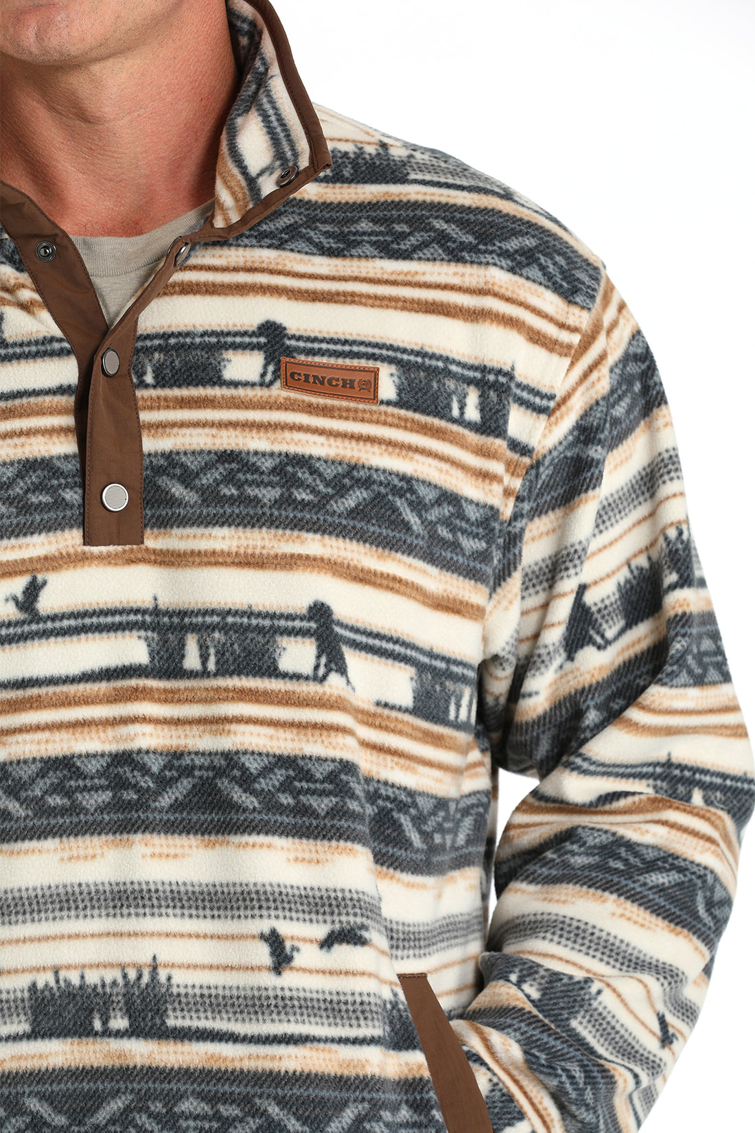 Cinch Men Cream Aztec Printed Quarter Fleece Pullover MWK1514022
