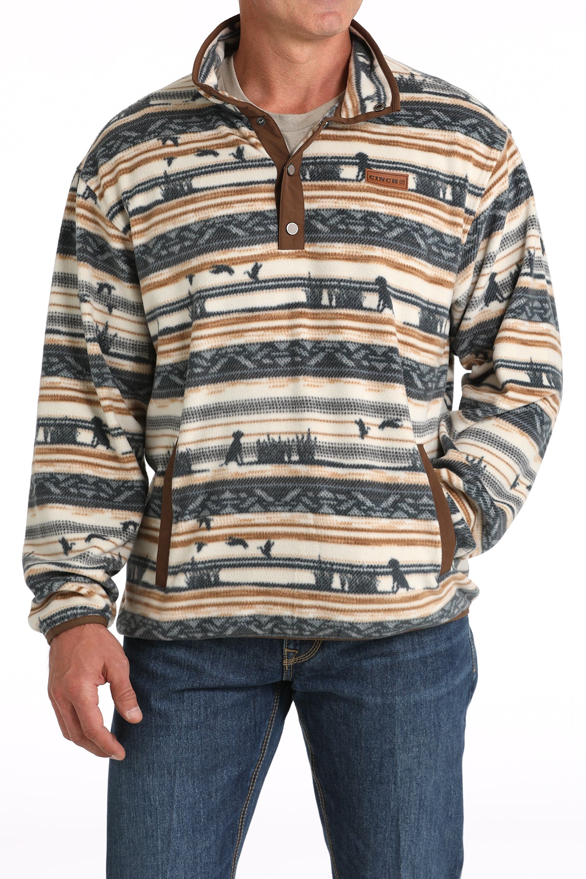 Cinch Men Cream Aztec Printed Quarter Fleece Pullover MWK1514022