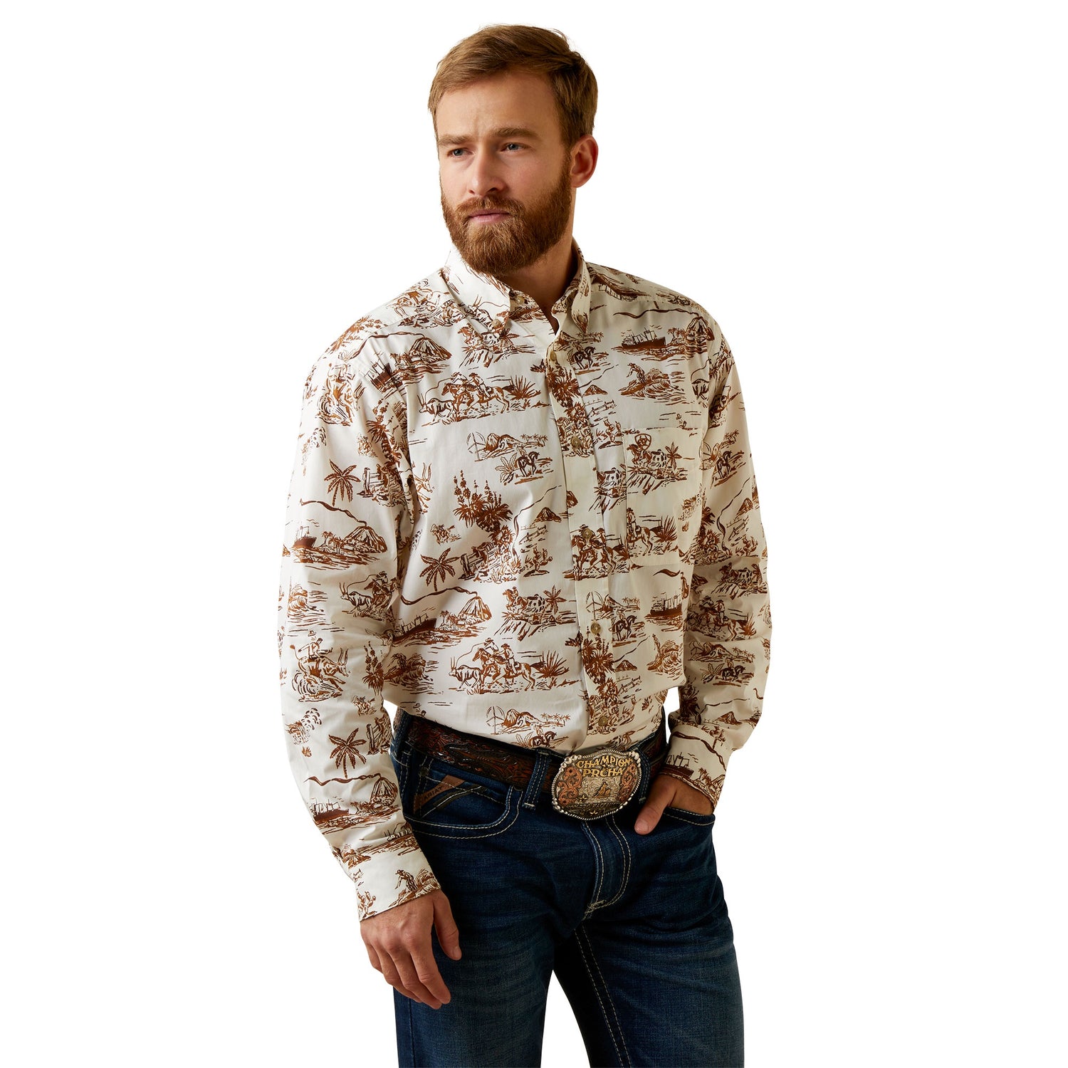 Man wearing a patterned shirt and jeans on a white background
