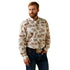 Man wearing a patterned shirt and jeans on a white background