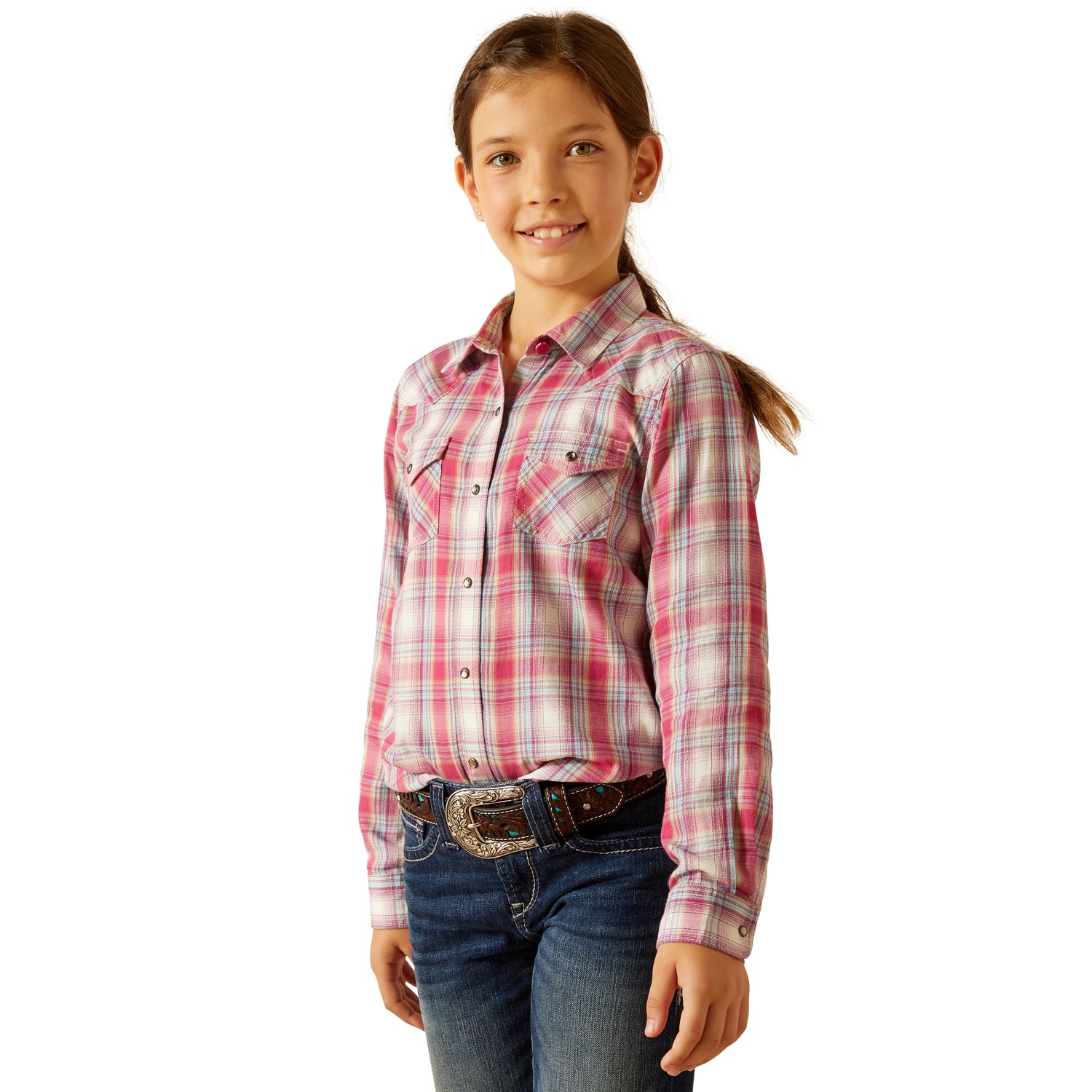 Young girl wearing a red and white plaid shirt with blue jeans on a white background
