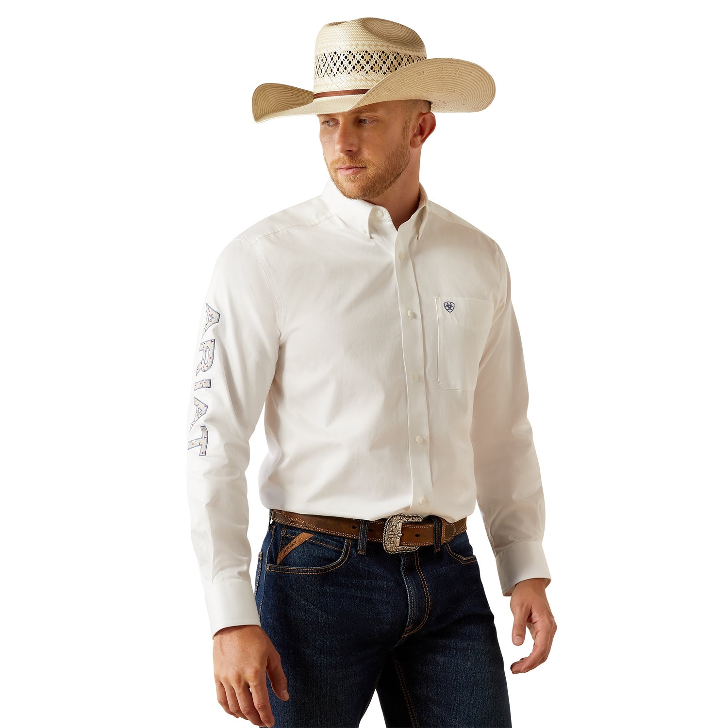 Man wearing a white long-sleeve shirt, blue jeans, and a cowboy hat on a white background