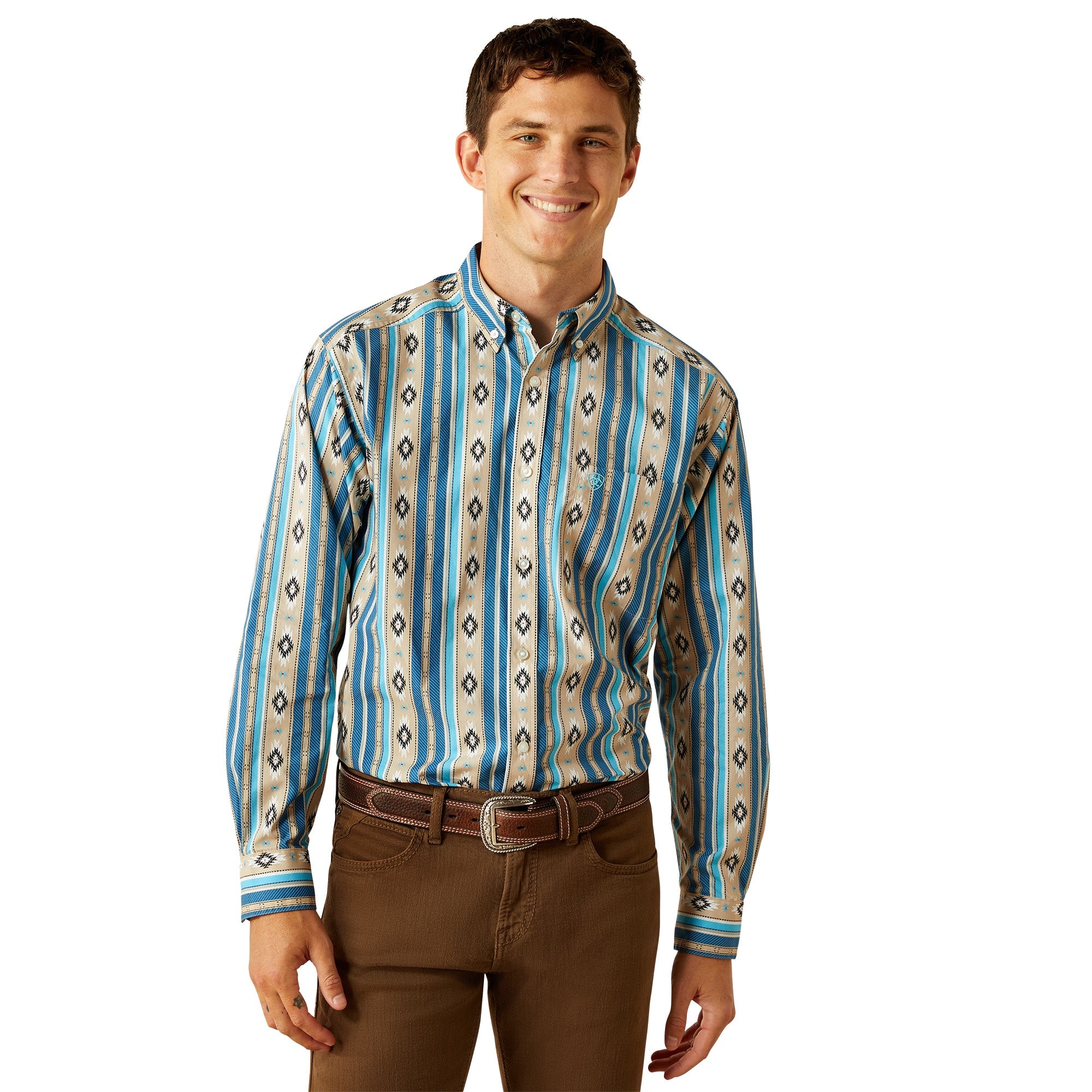 Man wearing a patterned shirt and brown pants on a white background