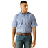 Man wearing a blue patterned short-sleeve shirt and jeans on a white background