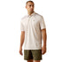 Man wearing a patterned polo shirt and green shorts on a white background