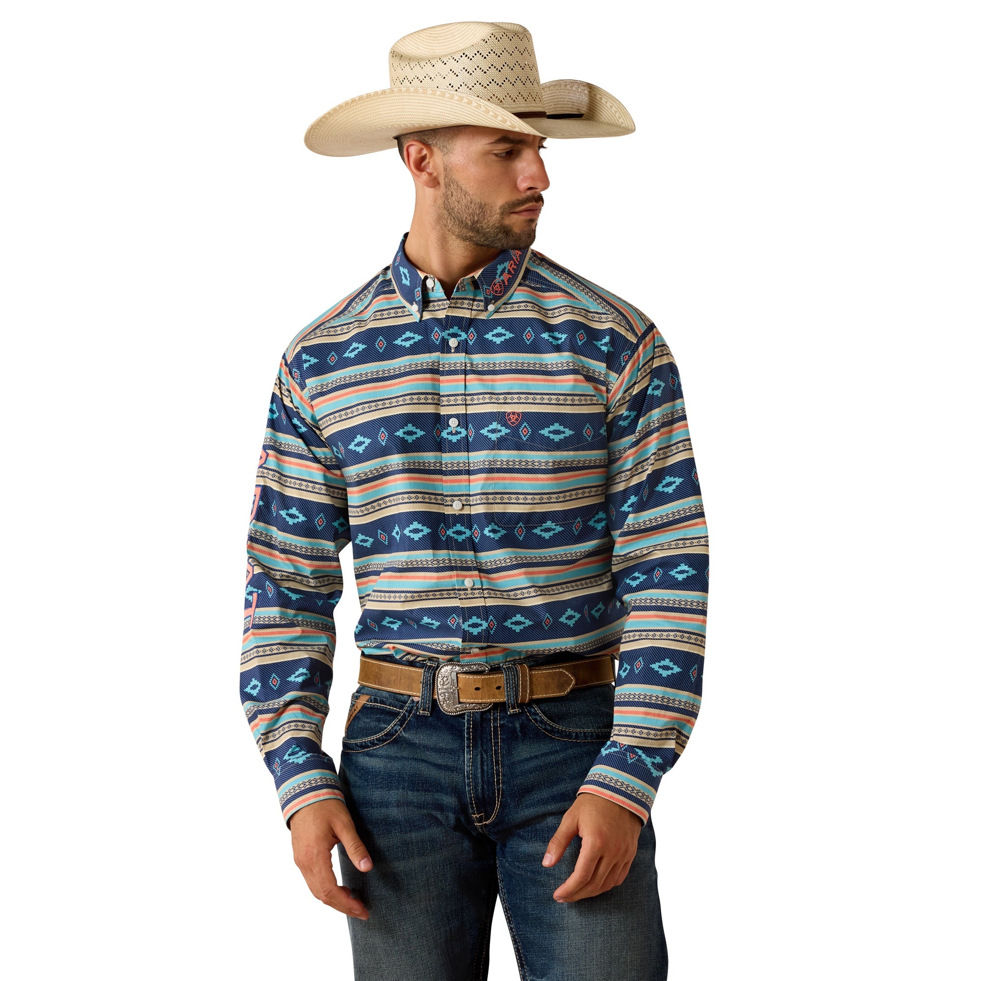 Man wearing a patterned shirt, jeans, and a cowboy hat on a white background